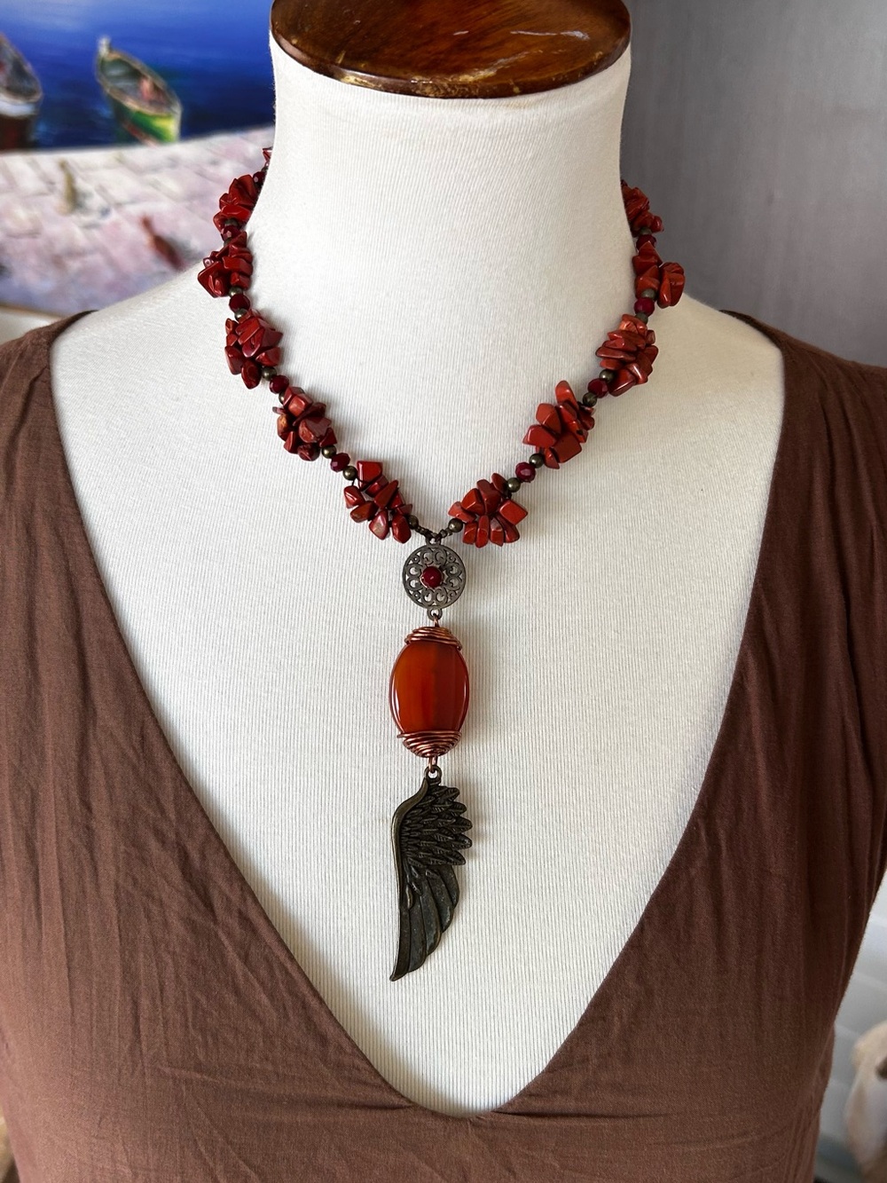 Red Jasper Angel Wing women Pendant Boho Necklace new